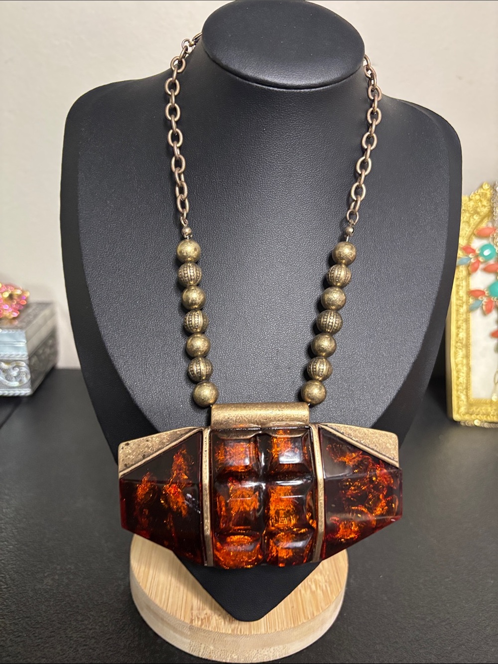 Chunky Statement Amber-Tone Pendant Necklace - Women Jewelry Choker Collar